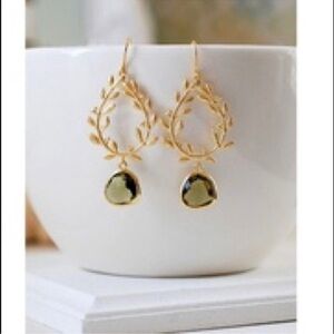 Elegant Gold Leaf Earrings with Green Gemstone